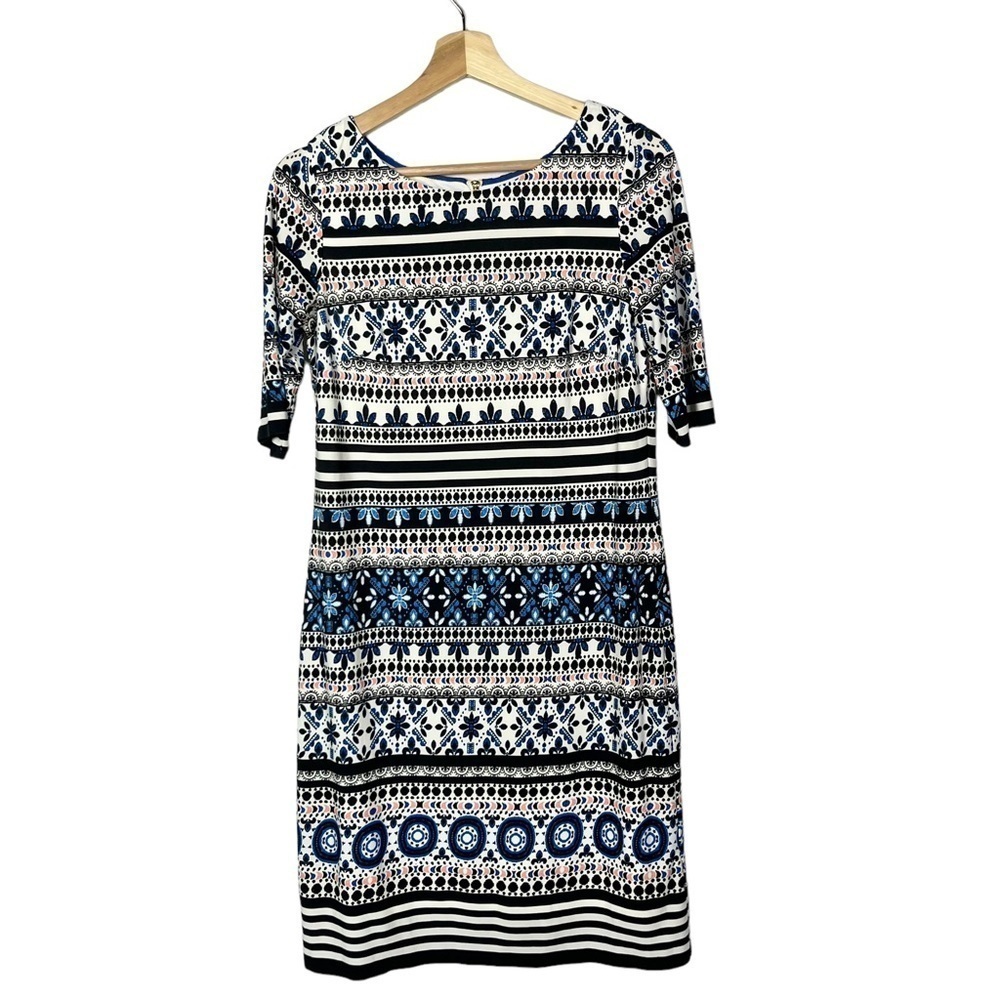 Eliza J Blue & White Printed Short Sleeve Sheath Dress 6